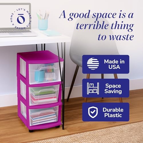 HOMZ Drawer Tower, 3-Tier Storage Cart with Removable Wheels, Purple Frame - Image 6