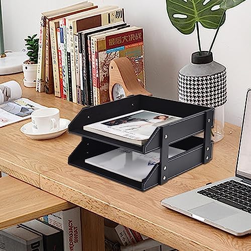 Leather Desk Organizer,2-Tier Stackable Letter Tray Holder,Office Supplies Desktop Storage Box for Document,Stationery,Magazines,Newspapers,Letters and Other Home Office Paper Sundries,Black - Image 4