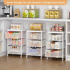 Kitchen Cart with Storage, 3-Tier Pantry Organizer and Storage Cart with Drawer, Fruit Vegetable Storage Cart with Wheels, Wooden Top Metal Wire Kitchen Organizer Rack Stand for Snack Onion Potato - Image 5