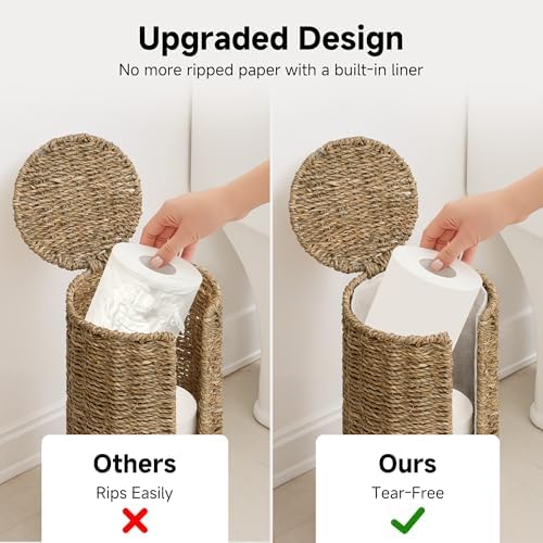 StorageWorks Seagrass Free Standing Toilet Paper Holder Stand for Bathroom, 3 Rolls of Toilet Tissue Storage with a Built-in Cloth Lining, Toilet Roll Holder Stand with Lid - Image 4