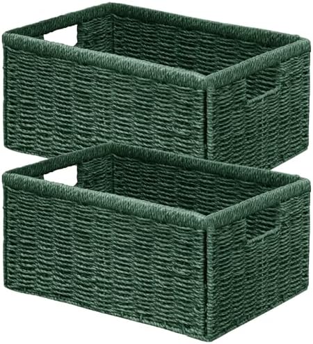 Vagusicc Wicker Storage Basket, Set of 2 Hand Woven Wicker Baskets for Organizing with Handles, Decorative Small Storage Bins for Countertop Toilet Paper Basket for Toilet Tank Top Shelves, Green by Vagusicc