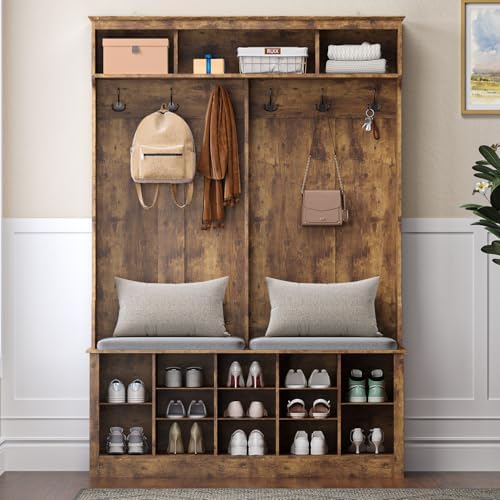 Wodeer Hall Tree with Bench and Shoe Storage, 53" Farmhouse 4-in-1 Mudroom Storage Organizer with Coat Rack, 6 Hooks, 12 Shoe Cubbies, Adjustable Shelf, for Entryway, Hallway, Living Room, Brown - Image 6