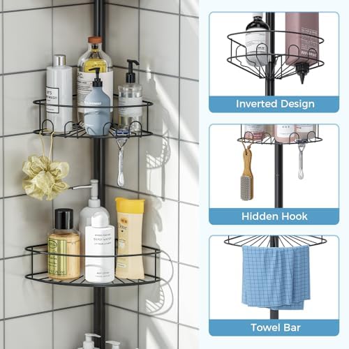 Urackify Corner Shower Caddy Tension Pole 4 Tier Shower Organizer, Black - Image 2