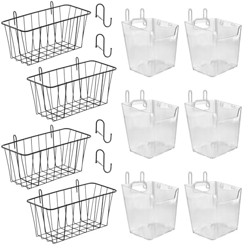 10 Pack Gridwall Basket Bins Organizer, 4 Pack Large Black Grid Wall Baskets with S-Hook & 6 Pack Clear Grid Wall Bins, Grid Accessories Set for Garage Garden Craft Office Tools Storage by GCORE