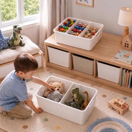 Set of 3 Large Plastic Storage Bins, Removable Adjustable Dividers - Image 3