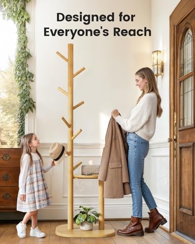 Pipishell Solid Wood Freestanding Coat Rack with 8 Hooks & Shelves, Natural - Image 4