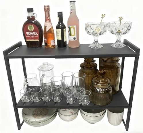 2 Tier Expandable Shelf 7.9"D Adjustable Countertop Riser Metal Black by Urhomeyplus
