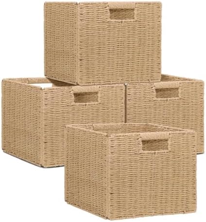 4Pcs Cube Storage Bin,Collapsible Storage Basket, Shelf Organizer with Insert Handle, 12 * 12 * 12 Inch Hand Woven Seagrass Basket, Suitable for Bedroom Storage and Other Scenarios by KATUFCAR