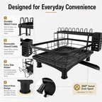 Kitchen Dish Drying Rack, Compact 2-Tier Stainless Steel Dish Drainer for Countertop with Quick-Drain Tray, Elevated Base, Utensil Holder and Adjustable Drain Spout, Black - Image 3