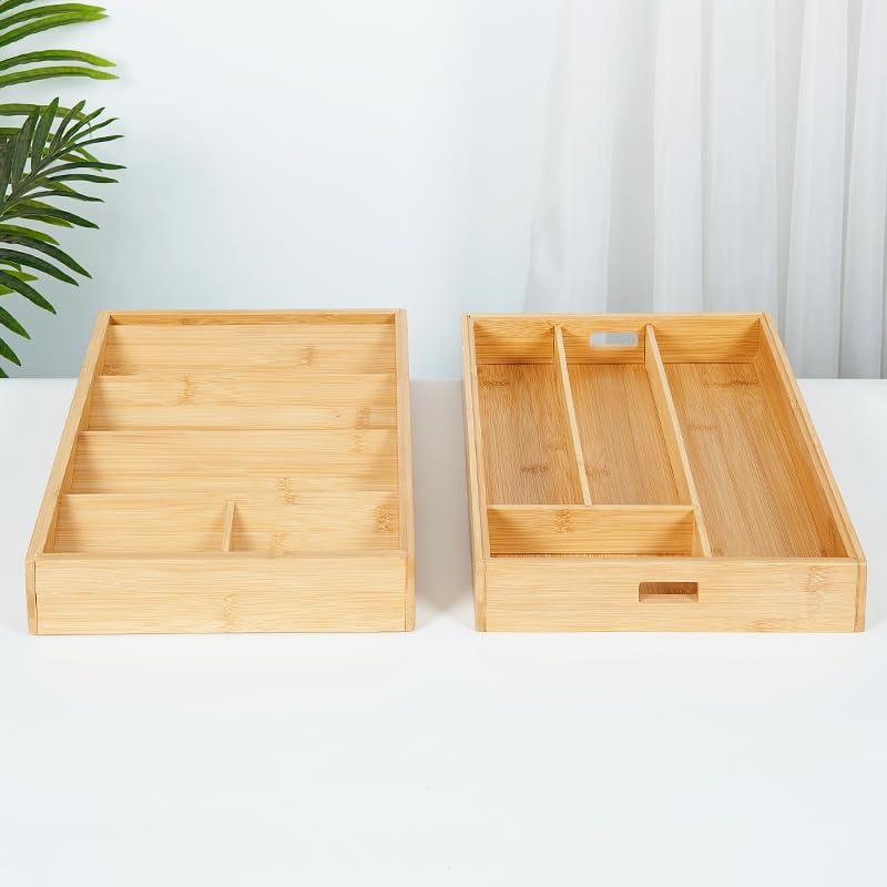 Bamboo Expandable Flatware Drawer Organizer Stackable Bamboo Silverware Drawer Organizer – 2-Tier Kitchen Utensil Tray with Compartments, Flatware Organizer for Spoons - Image 5