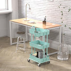 Simple Houseware 3-Tier Rolling Utility Cart with Hanging Bucket, Turquoise - Image 4