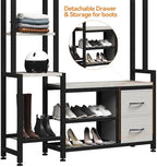 Hall Tree for Entryway 43", Bench with Shoe Storage, Large Coat Rack Shoe Bench with 5 Tier Shelves, 5 in 1 Design Front Door Shoe Rack and Wall Rack Hooks, and 2 Drawers (Rustic White) - Image 6