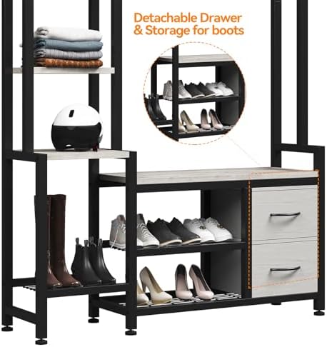 Hall Tree for Entryway 43", Bench with Shoe Storage, Large Coat Rack Shoe Bench with 5 Tier Shelves, 5 in 1 Design Front Door Shoe Rack and Wall Rack Hooks, and 2 Drawers (Rustic White) - Image 6