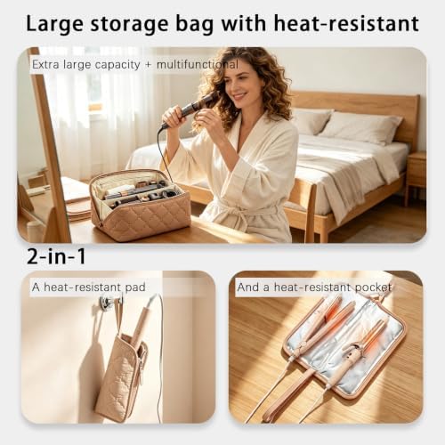 Hair Tools Travel Bag 5-Piece Set with Heat Resistant Mat Insulated Pouch and 2 Cord Straps, Large Fabric Organizer for Hot Brush Curling Iron Flat Iron Hair Dryer, Available in Camel - Image 2
