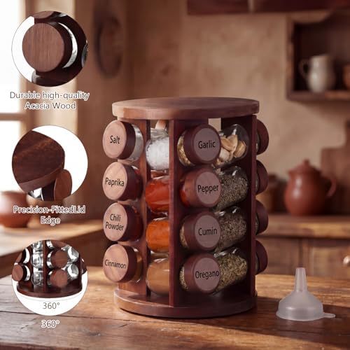 Yungyan Acacia Wood Rotating Spice Rack with 16 Empty Jars and Labels - Image 5