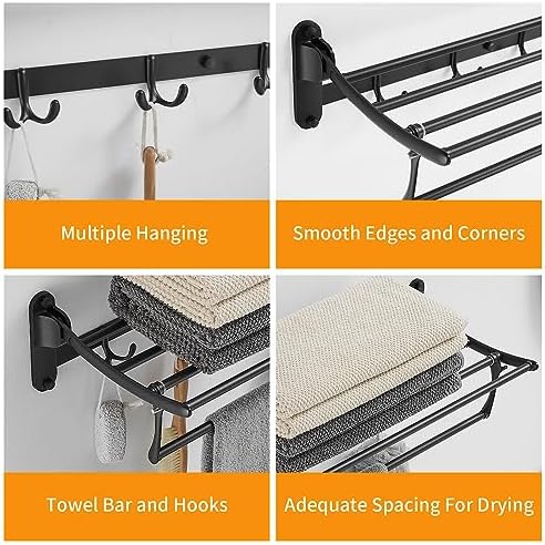 BESy Towel Racks with Foldable Towel Bar Hooks, Wall Mounted Matte Black - Image 7