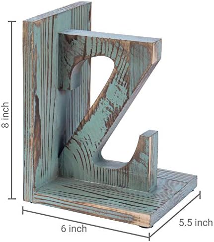 MyGift Wood Bookends, Book Ends for Shelves with Decorative White and Blue Alphabet A and Z Design, Book Stopper for Heavy Books, Home Office Desktop Decor, Vintage - Image 4