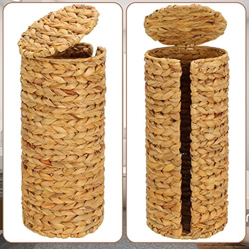 Graciadeco Stand Paper Storage with Lid Spare Extra 3 Rolls of Toilet Tissue Holder Free Standing Water Hyacinth Wciker Toilet Paper Organizer Basket for Bathroom - Image 4