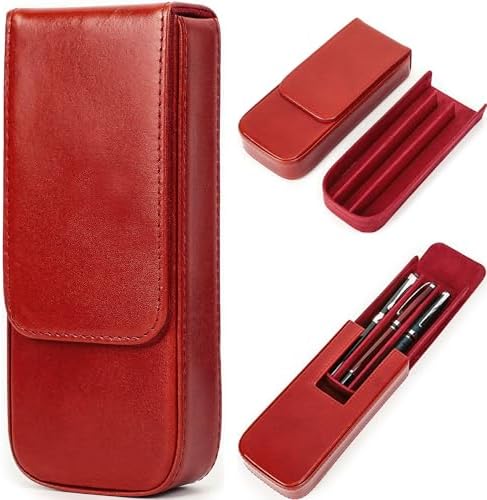 Top Grain Genuine Leather 3 Pen/Pencil Tray Case Holder, Solid Fashion Design No Logo, Handmade, Magnetic Closing with Drawer Design, Gift Choice for Man/Woman/Office, Glossy Red, 3 Slots by CataPurusLeatherCrafts