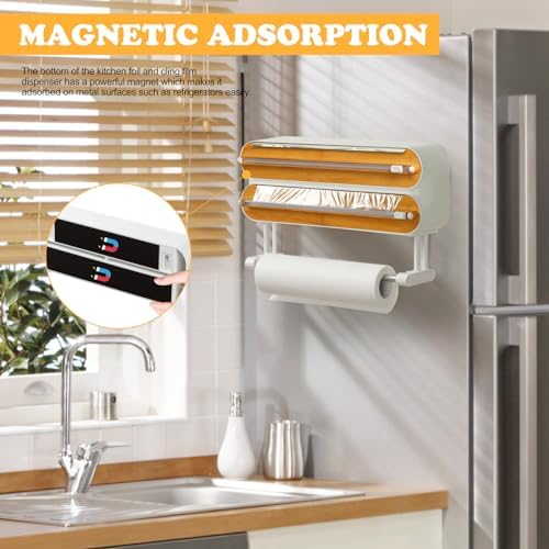 Magnetic Plastic Wrap Dispenser with Cutter - Quasziwa Refillable Tin Foil and Plastic Wrap Organizer for Kitchen, Aluminum Foil Dispenser with Paper Towel Holder Wall Mount - Fits 12" Roll, White - Image 3
