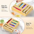 6 in 1 Storage Bag Organizer for Kitchen Drawer, Bamboo Foil and Plastic Wrap Dispenser With Cutter, Food Baggie for Drawer, Plastic Bag for Gallon, Quart, Sandwich, Snack - Image 4