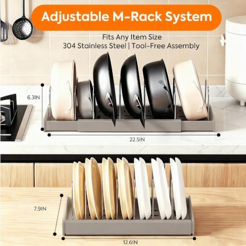 2 Pack Expandable Pots and Pans Organizer under Cabinet, Adjustable Pot Lid Organizer Rack with 9 Stainless Steel Dividers, Food Container Lid Holder for Kitchen Countertop Storage (Gray) - Image 2