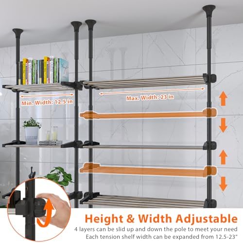 4-Tier Over The Toilet Storage Shelf, 4.5-9.5 FT Adjustable Bathroom Organizer, Heavy Duty Metal Shelves Above Behind Toilet Laundry, Space-Saving Shelving for Small Rooms, No Drill Tenant Friendly - Image 4