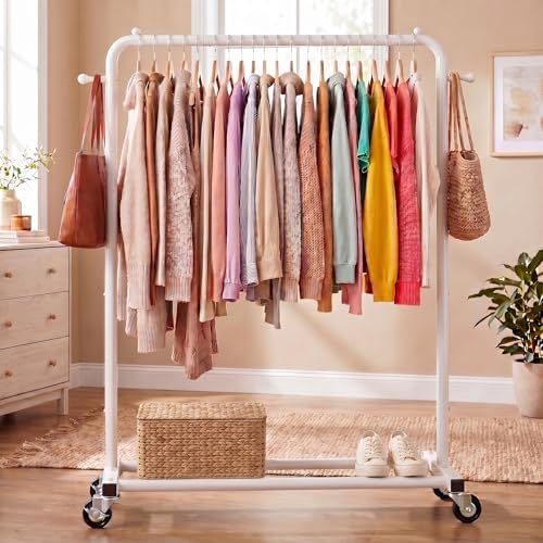 Sywhitta Metal Clothing Rack on Wheels with Bottom Shelf, for Clothes,White - Image 2