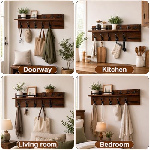 Wooden Wall Mounted Coat Rack for Entryway, Coat Rack Wall Mount with Shelf - Image 2