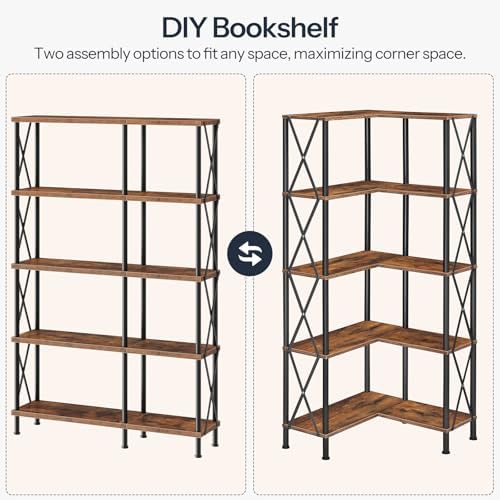 HOOBRO Corner Bookshelf, 5-Tier L-Shaped Bookcase, Industrial Open Display Shelf Tall Storage Organizer, Vertical Storage Rack, for Living Room, Home Office, Rustic Brown and Black BF60SJ01 - Image 5