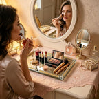 Gold Crushed Diamond Mirror Vanity Tray, 15.7" Large Perfume Dresser Tray - Image 4