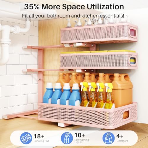 Under Sink Organizer, 3-Tier Thickened Metal Pull out Cabinet Organizer Shelf, Height Adjustable Slide out Storage Drawer Rack for Kitchen Bathroom Pantry Laundry Home Organization, 1-Pack, Pink - Image 4