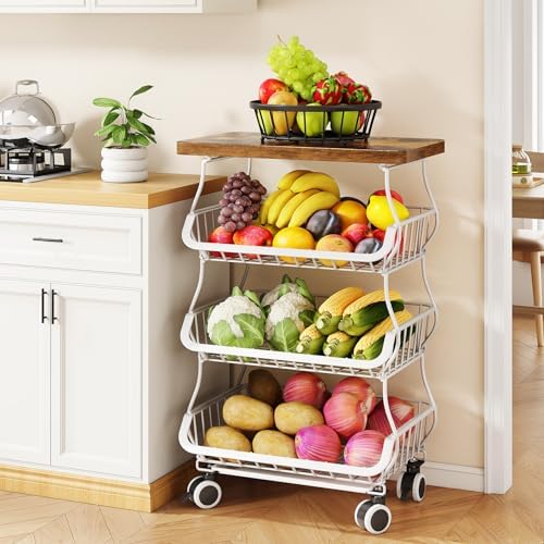 SAYZH 4-Tier Fruit and Vegetable Basket Stand for Kitchen, Wood Top, White by SNTD
