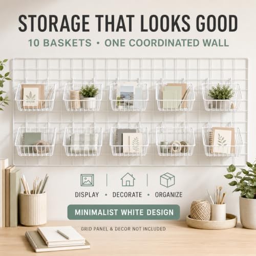 10 Pack Wall Grid Panel Hanging Wire Basket, Metal Wall Storage and Display Basket, Grid Wall Storage Basket for Kitchen, Home Decor Supplies - White (9x3.9x3in) - Image 6