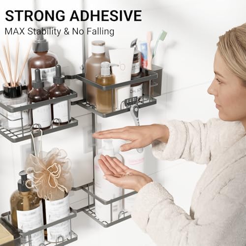 Adjustable Shower Caddy Hanging Rustproof Shower Caddy for Handheld Showerheads, Shower Organizer with Hooks Soap Holder, Anti-Swing Shower Rack Bathroom Accessories (Grey) - Image 7
