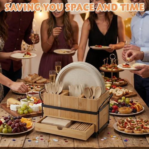 Qunclay Bamboo Wood Silverware Caddy with Drawer, 4 Compartments - Image 6