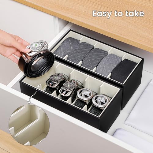2 Packs Leathers Belt Organizer for Closet and Drawer, Stackable 5 Grids Dresser Drawer Organizers, Belt Tie Holder for Men,Tie Box-Black - Image 3