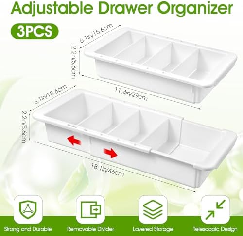 3 Pcs Expandable Drawer Organizer, Adjustable Drawer Organizer Trays Expandable Plastic Dividers Storage for Office Bathroom Bedroom Kitchen Desk (White) - Image 2