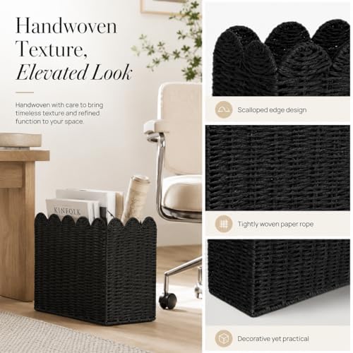 Black Paper Rope Magazine Holder, Scalloped Magazine Basket - Image 3