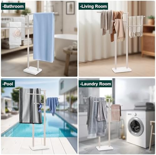 Standing Towel Rack, 304 Stainless Steel Towel Holder Stand with Weighted Marble Base, Floor Bath Towel Racks for Bathroom, Pool, Outdoor with 3 Swivel Towel Arms, Brushed Nickel - Image 3