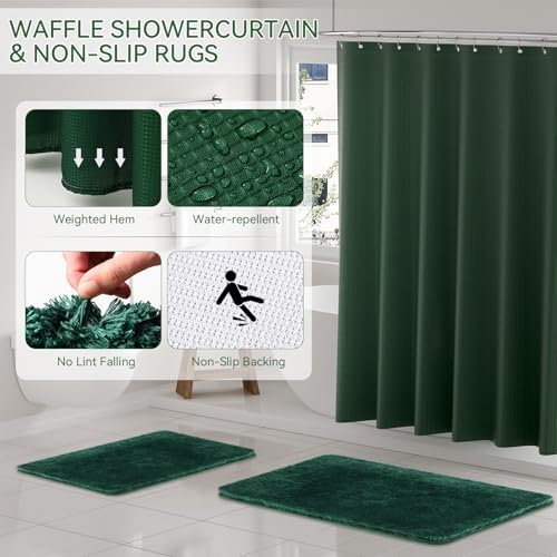 Green Bathroom Set, Dark Green Bathroom Accessories Set with Shower Curtain and Rugs, Bath Towel Sets, Natural Loofah Sponge, Soap Dispenser, Toothbrush Holder, Bathroom Tumbler and Tray for Bathroom - Image 4