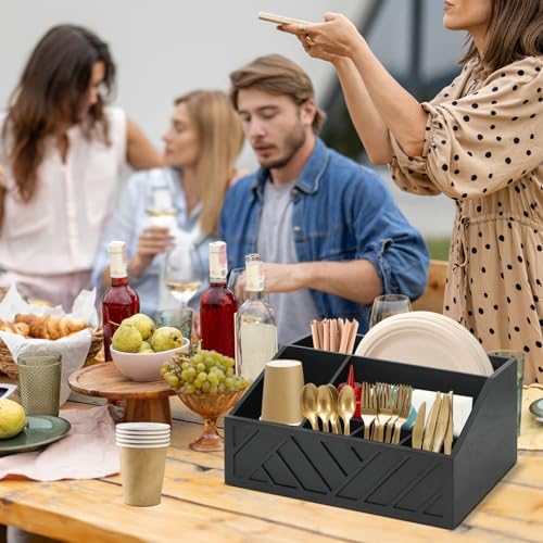 Ukonvi Paper Plate Dispenser, Paper Plate Holder for Kitchen Counter, Wood Rustic Silverware Utensil Caddy, Cutlery Flatware Organizer Box for Cups Spoons Forks Plates Napkins, Kitchen Accessories - Image 2