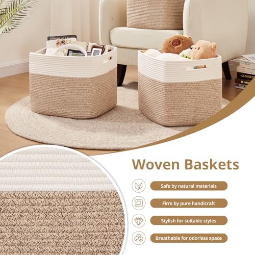 OIAHOMY 13 Inch Cube Storage Bins, 3-Pack Cotton Rope Woven Baskets for Organizing, Insert Storage Baskets for Shelves, Baby Nursery, Closet Organizer, 15 * 13 * 12.6IN, Brown & White - Image 5
