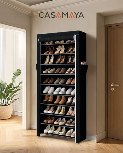 CASAMAYA Shoe Rack with Covers, 10 Tiers Tall Shoe Rack Organizer, Large Capacity Shoe Shelf Storage, Hold 30 Pairs of Shoes, Vertical Shoe Storage Organizer for Closet, Entryway, Black, SRT103B01 - Image 2