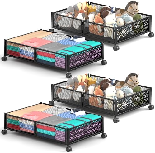 Under Bed Storage With Wheels, 4 Pack Foldable Pattern Carved Metal Under Bed Storage Containers, 60L Rolling Underbed Storage, Easy Assembly Under The Bed Storage for Shoes, Clothes, Blankets... by YEEBONIX-UnderBedStorage