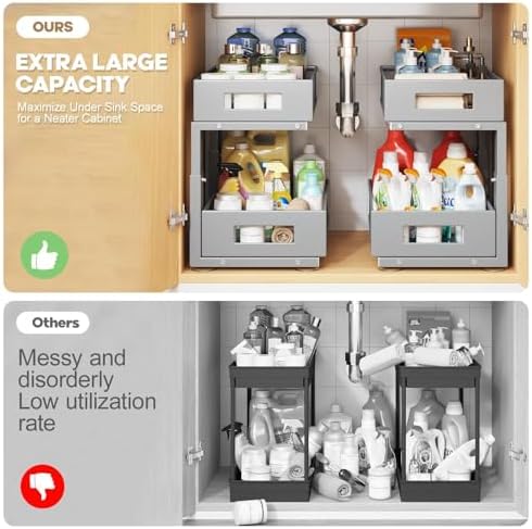2 Packs 17IN Depth Under Sink Organizer, 2-Tier Pull Out Cabinet Organizer With Smooth Circular Rail, Large Capacity Metal Mesh Sliding Drawers For Bathroom& Kitchen Storage,Height Adjustable–Gun Gray - Image 3