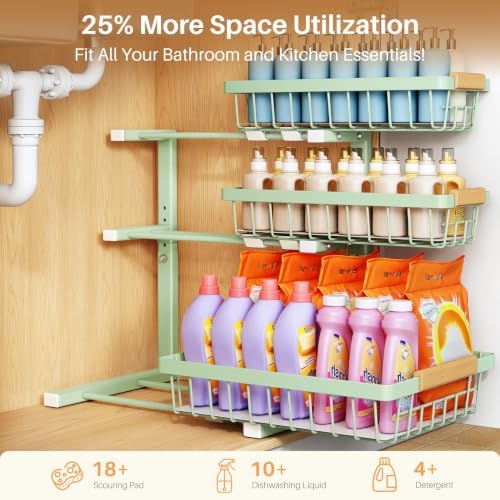 PXRACK Under Sink Organizer, 2-Pack 3-Tier Height Adjustable Thickened Metal Pull out Cabinet Organizer Shelf, Slide out Storage Drawer Rack for Bathroom Kitchen Pantry Home Organization, Green - Image 4