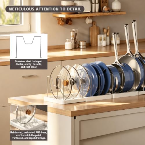 Magheo 1 Pack Expandable Food Storage Container Lid Organizers, 31.3" Pots and Pans Organizer Under Cabinet with 12 Adjustable Dividers Pot and Pan Lid Holders Rack Inside Cabinet(White) - Image 5