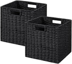 UBBCARE 2 Pack Wicker Basket, 11L×11H×10.5W inch Woven Paper Rope Storage Baskets for Shelves, Foldable Cube Storage bin with Handle, Storage Basket for Organizing & Decor, Black by UBBCARE