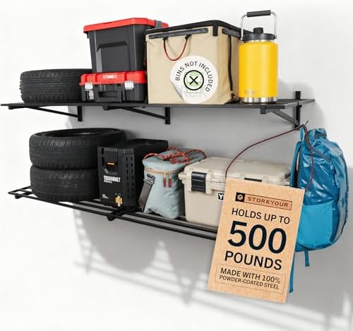 StoreYourBoard Garage Wall Shelf, 1x6 ft, Holds 500 lb, 6 Hooks, 2 Pack by StoreYourBoard